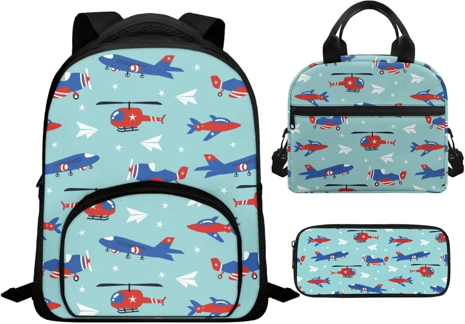 Airplane Backpack for Boys 5-7 Lightweight Bookbag with Lunch Box and Cartoon Graphic Pencil Case Fashion School Bag for Kindergarten Students Outdoor Trips
