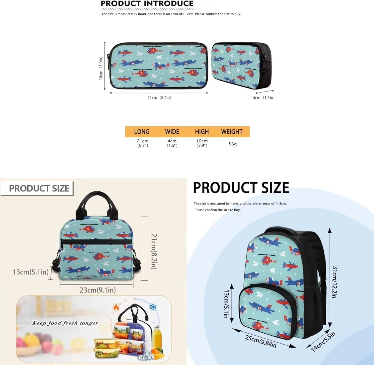 Airplane Backpack for Boys 5-7 Lightweight Bookbag with Lunch Box and Cartoon Graphic Pencil Case Fashion School Bag for Kindergarten Students Outdoor Trips