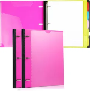 All-in-one Telescoping Binder Notebook 2PCS, Refillable 3 Ring Binder with Clear Front Cover Catalog Pocket 5 Subject Dividers 1 Movable Pocket Folder 60 Sheets Notepaper, Pink
