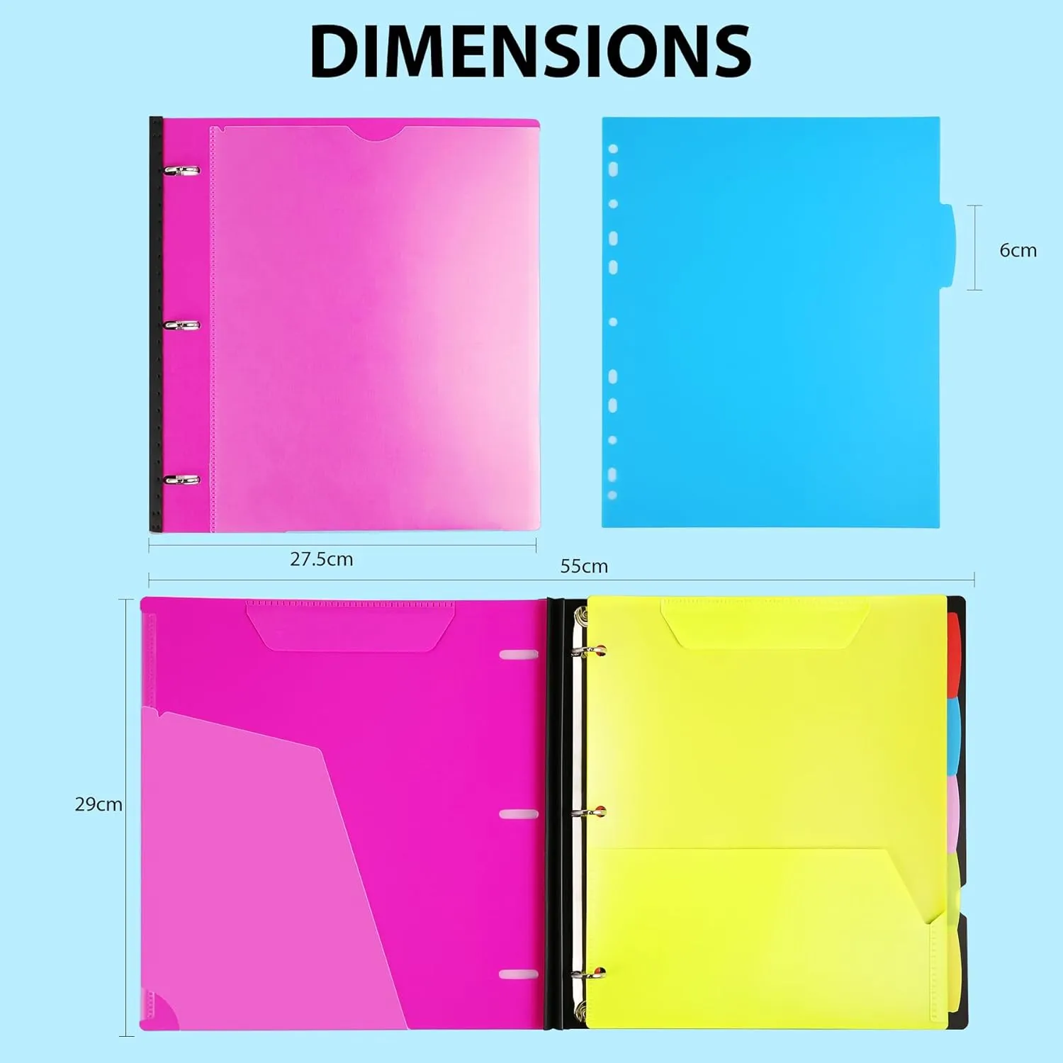 All-in-one Telescoping Binder Notebook 2PCS, Refillable 3 Ring Binder with Clear Front Cover Catalog Pocket 5 Subject Dividers 1 Movable Pocket Folder 60 Sheets Notepaper, Pink