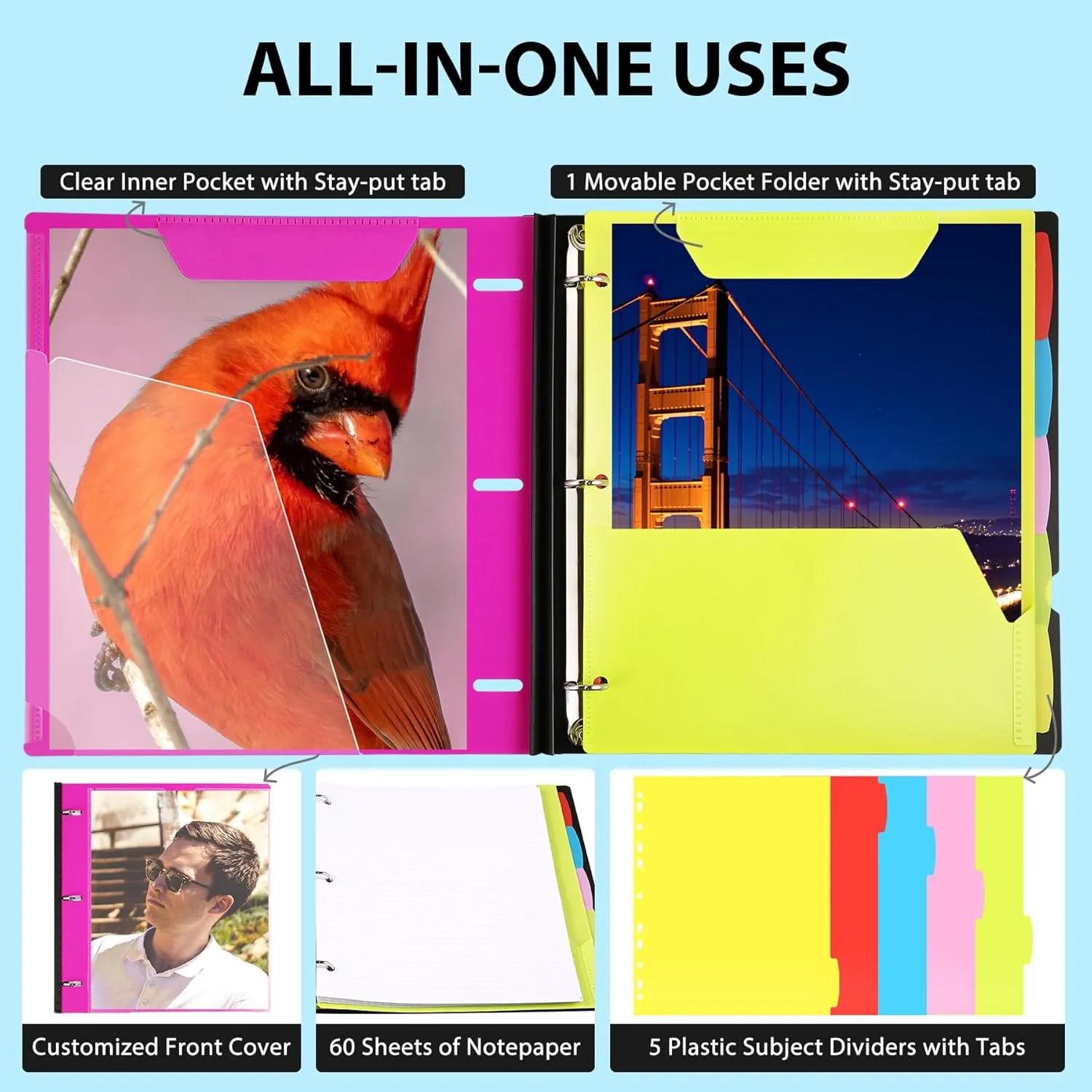All-in-one Telescoping Binder Notebook 2PCS, Refillable 3 Ring Binder with Clear Front Cover Catalog Pocket 5 Subject Dividers 1 Movable Pocket Folder 60 Sheets Notepaper, Pink