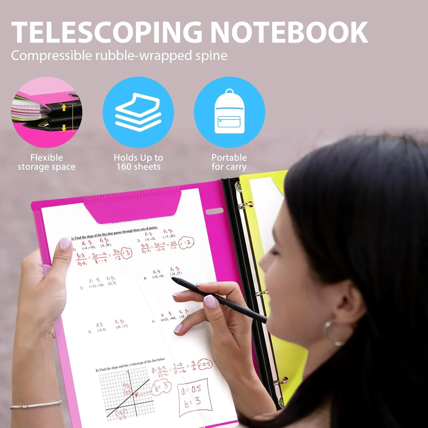 All-in-one Telescoping Binder Notebook 2PCS, Refillable 3 Ring Binder with Clear Front Cover Catalog Pocket 5 Subject Dividers 1 Movable Pocket Folder 60 Sheets Notepaper, Pink