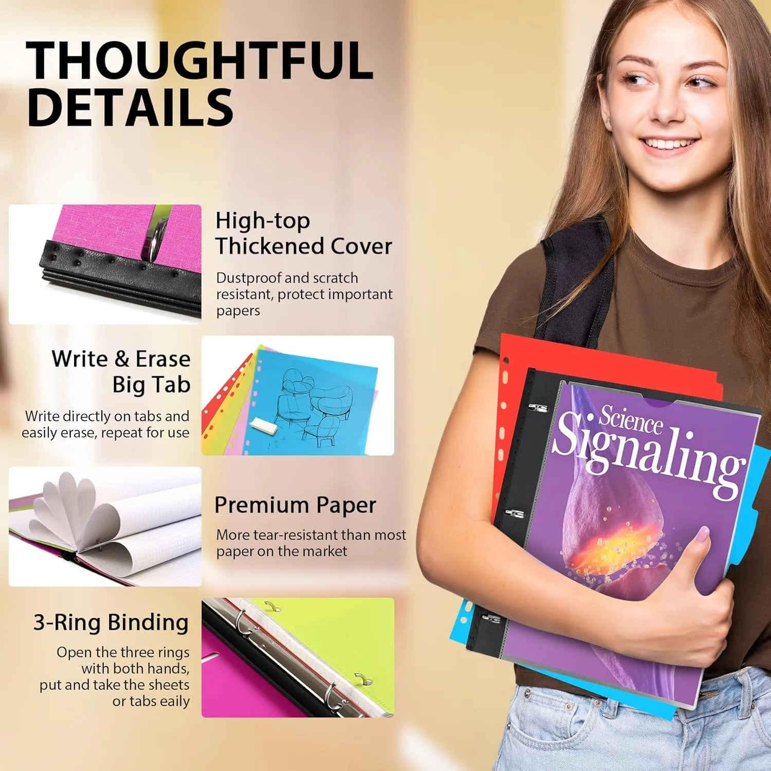 All-in-one Telescoping Binder Notebook 2PCS, Refillable 3 Ring Binder with Clear Front Cover Catalog Pocket 5 Subject Dividers 1 Movable Pocket Folder 60 Sheets Notepaper, Pink