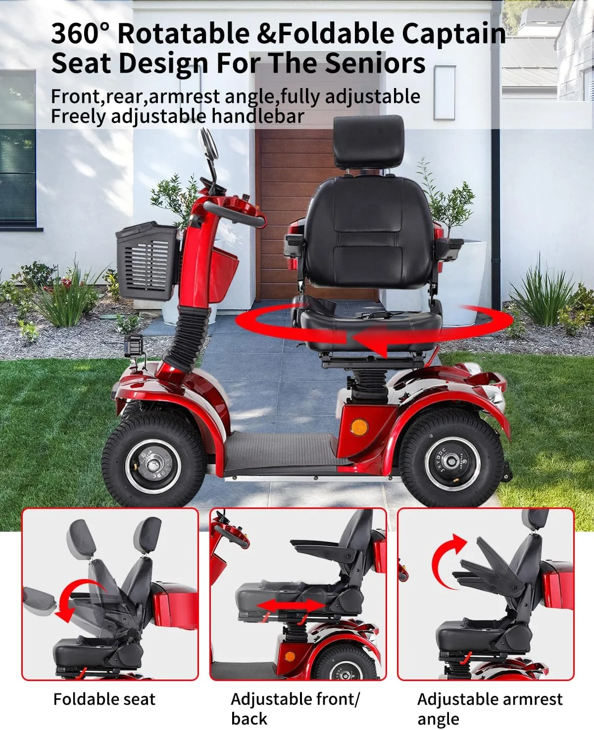 All Terrain Mobility Scooter for Seniors,Heavy-Duty 4 Wheel Mobility Scooters Mobility Scooter,Handicap Scooters for Adults with 3-Speed Travel Long (Red)