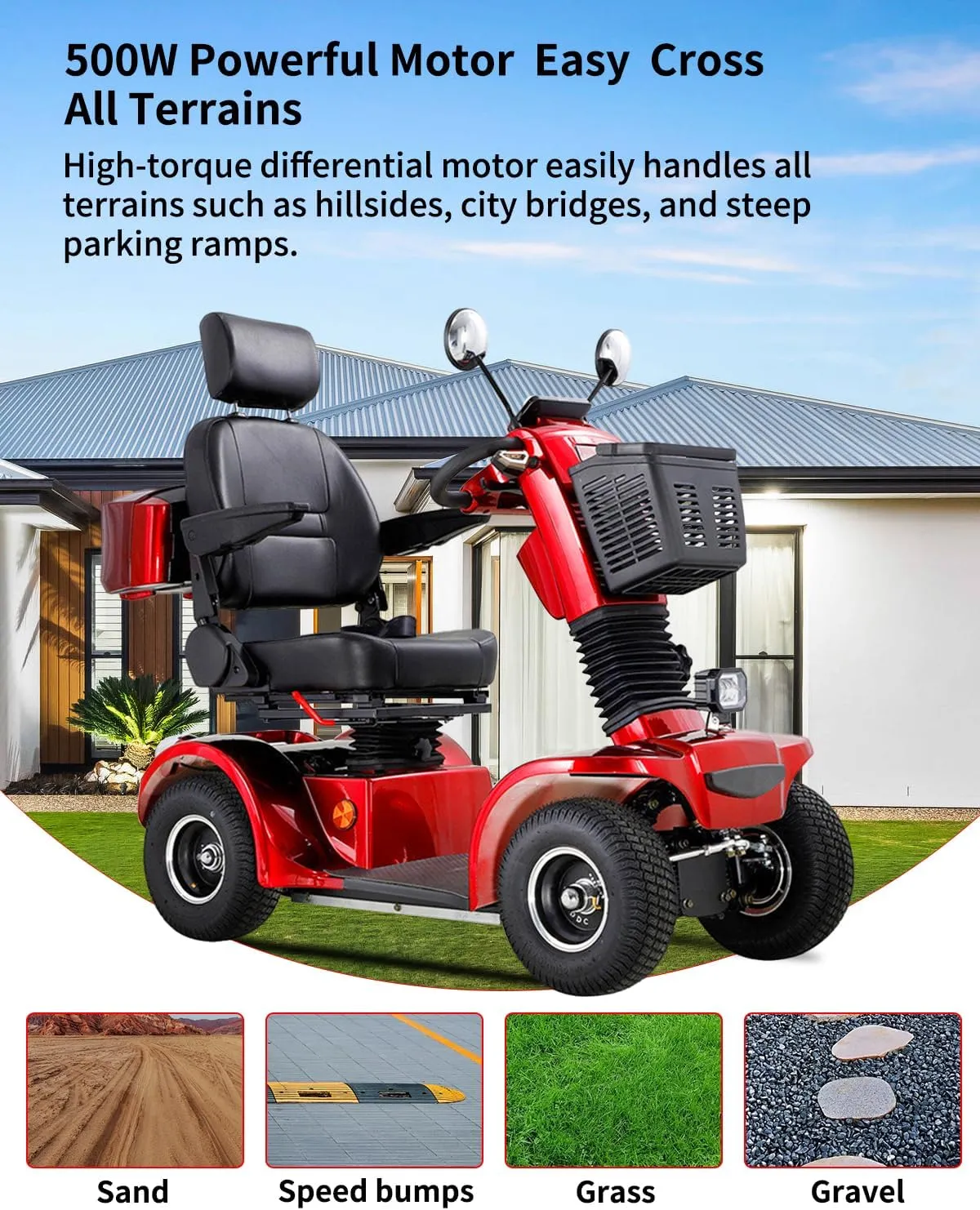 All Terrain Mobility Scooter for Seniors,Heavy-Duty 4 Wheel Mobility Scooters Mobility Scooter,Handicap Scooters for Adults with 3-Speed Travel Long (Red)