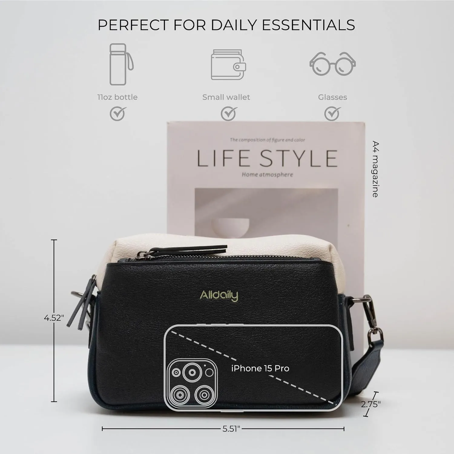 Alldaily Small Triple Zip Crossbody Purse for Women, Vegan Leather Phone Bag with Wide Shoulder Strap