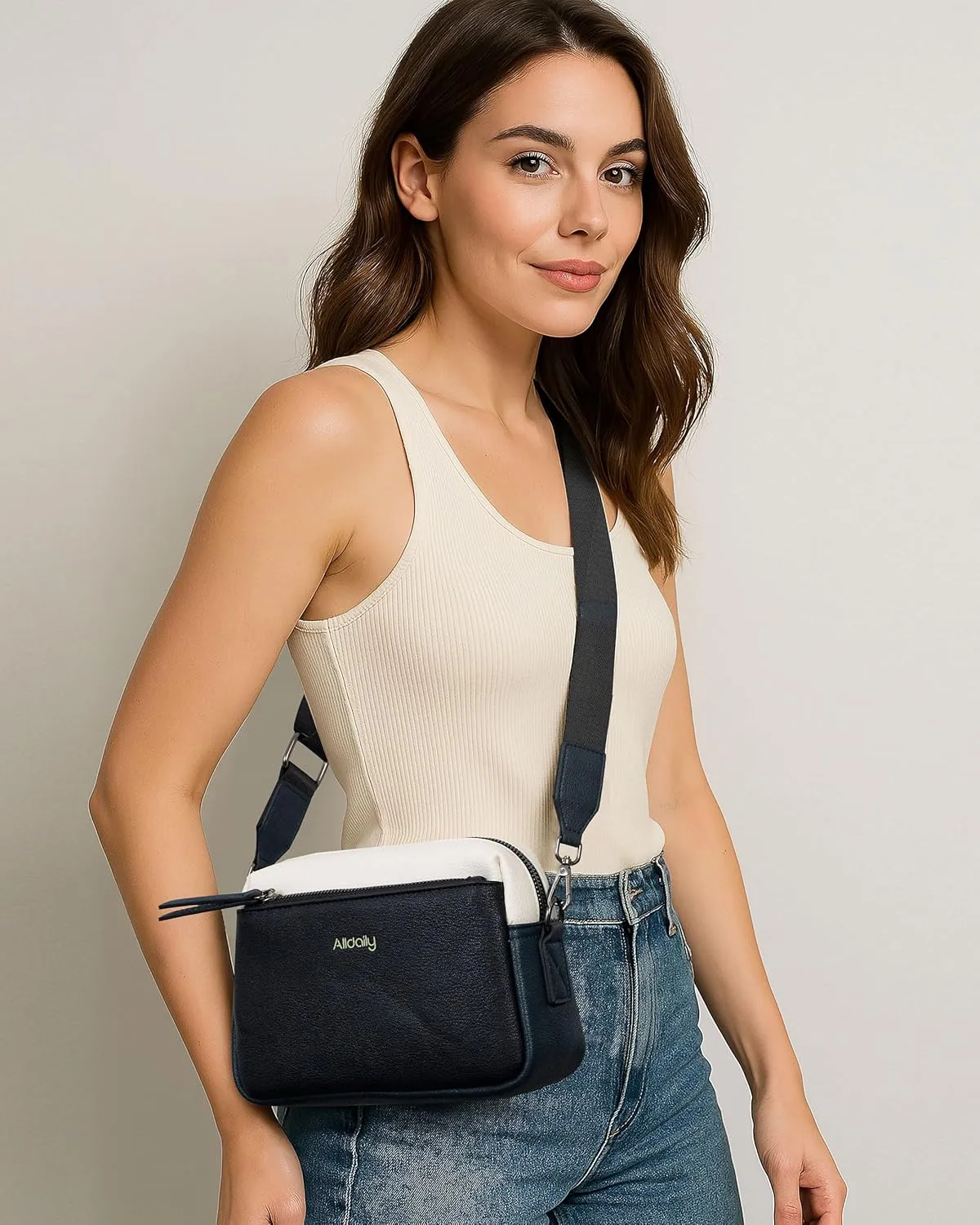 Alldaily Small Triple Zip Crossbody Purse for Women, Vegan Leather Phone Bag with Wide Shoulder Strap