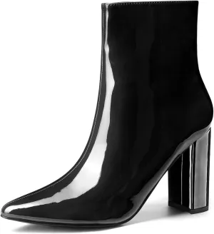 Allegra K Women's Chunky Heel Pointed Toe Zipper Ankle Boots