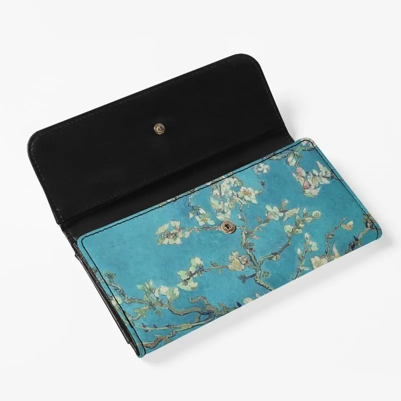 Almond Blossom Women's Vintage Leather Long Tri-fold Wallet, Van Gogh Flowers Leather Wallets Oil Painting Art Checkbook Wallet with ID Card Transparent Slot