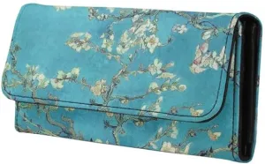 Almond Blossom Women's Vintage Leather Long Tri-fold Wallet, Van Gogh Flowers Leather Wallets Oil Painting Art Checkbook Wallet with ID Card Transparent Slot