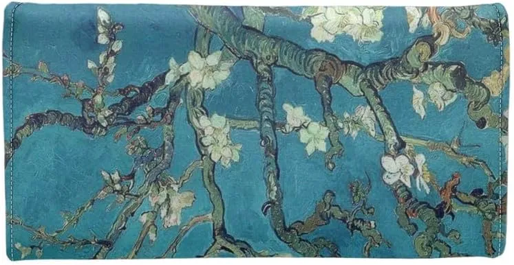 Almond Blossom Women's Vintage Leather Long Tri-fold Wallet, Van Gogh Flowers Leather Wallets Oil Painting Art Checkbook Wallet with ID Card Transparent Slot