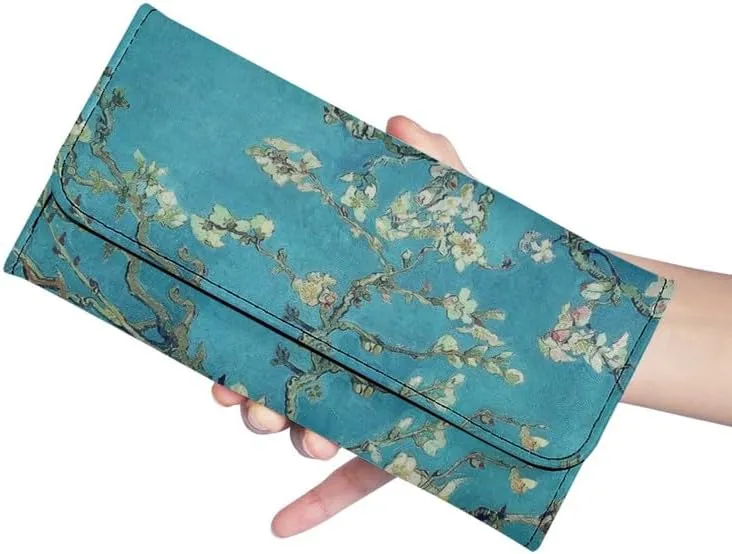 Almond Blossom Women's Vintage Leather Long Tri-fold Wallet, Van Gogh Flowers Leather Wallets Oil Painting Art Checkbook Wallet with ID Card Transparent Slot