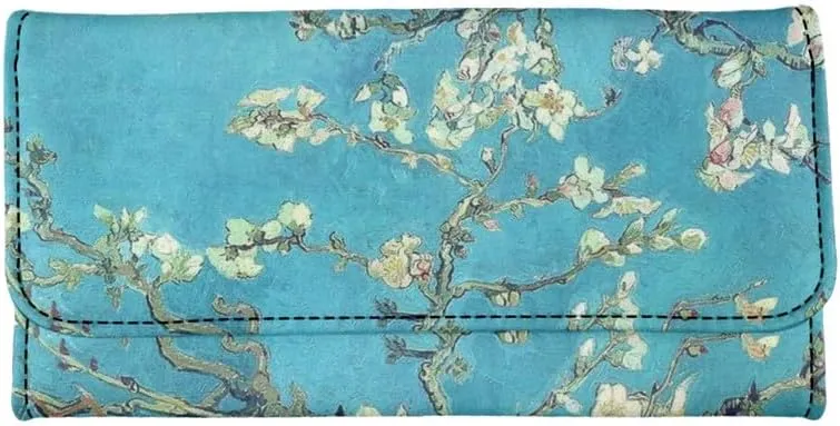 Almond Blossom Women's Vintage Leather Long Tri-fold Wallet, Van Gogh Flowers Leather Wallets Oil Painting Art Checkbook Wallet with ID Card Transparent Slot