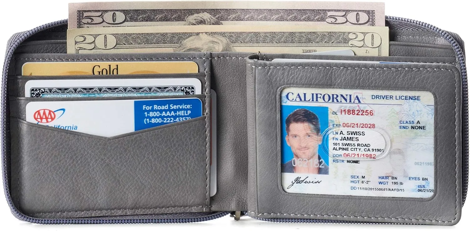 Alpine Swiss Logan Zipper Bifold Wallet For Men or Women RFID Safe Comes in a Gift Box