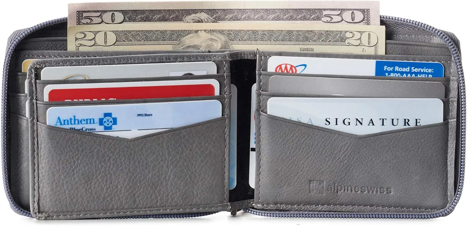 Alpine Swiss Logan Zipper Bifold Wallet For Men or Women RFID Safe Comes in a Gift Box