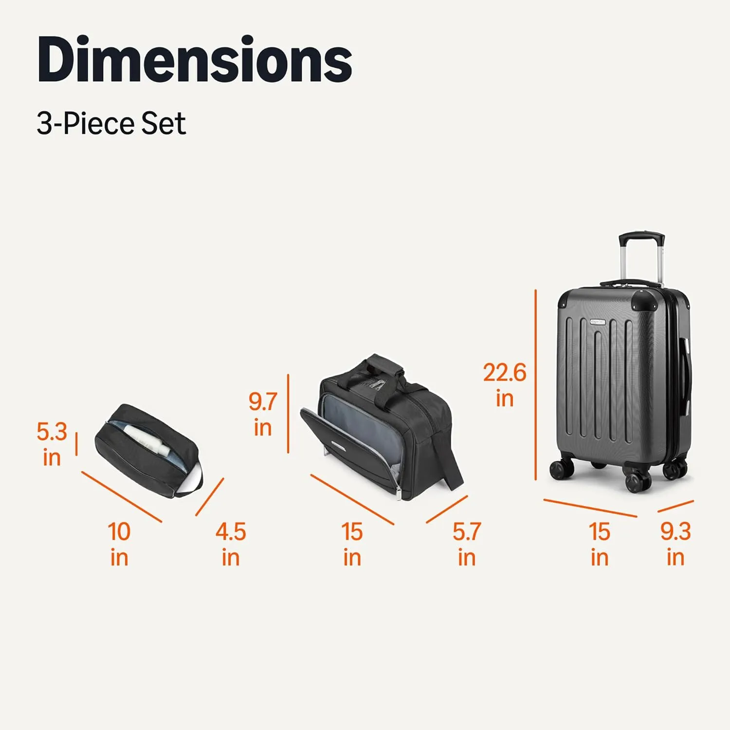 Amazon Basics 3-Piece Luggage Set, Including Carry-On Luggage (22" Expandable Hardside Suitcase With 8 Spinner Wheels), 15" Tote Bag, and 10" Compact Travel Bag, Black