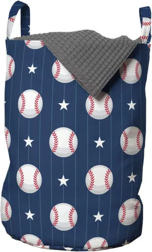 Ambesonne Sports Laundry Bag, Baseball Patterns on Vertical Striped Background Stars Design, Hamper Basket with Handles Drawstring Closure for Laundromats, 13" x 19", Blue Red