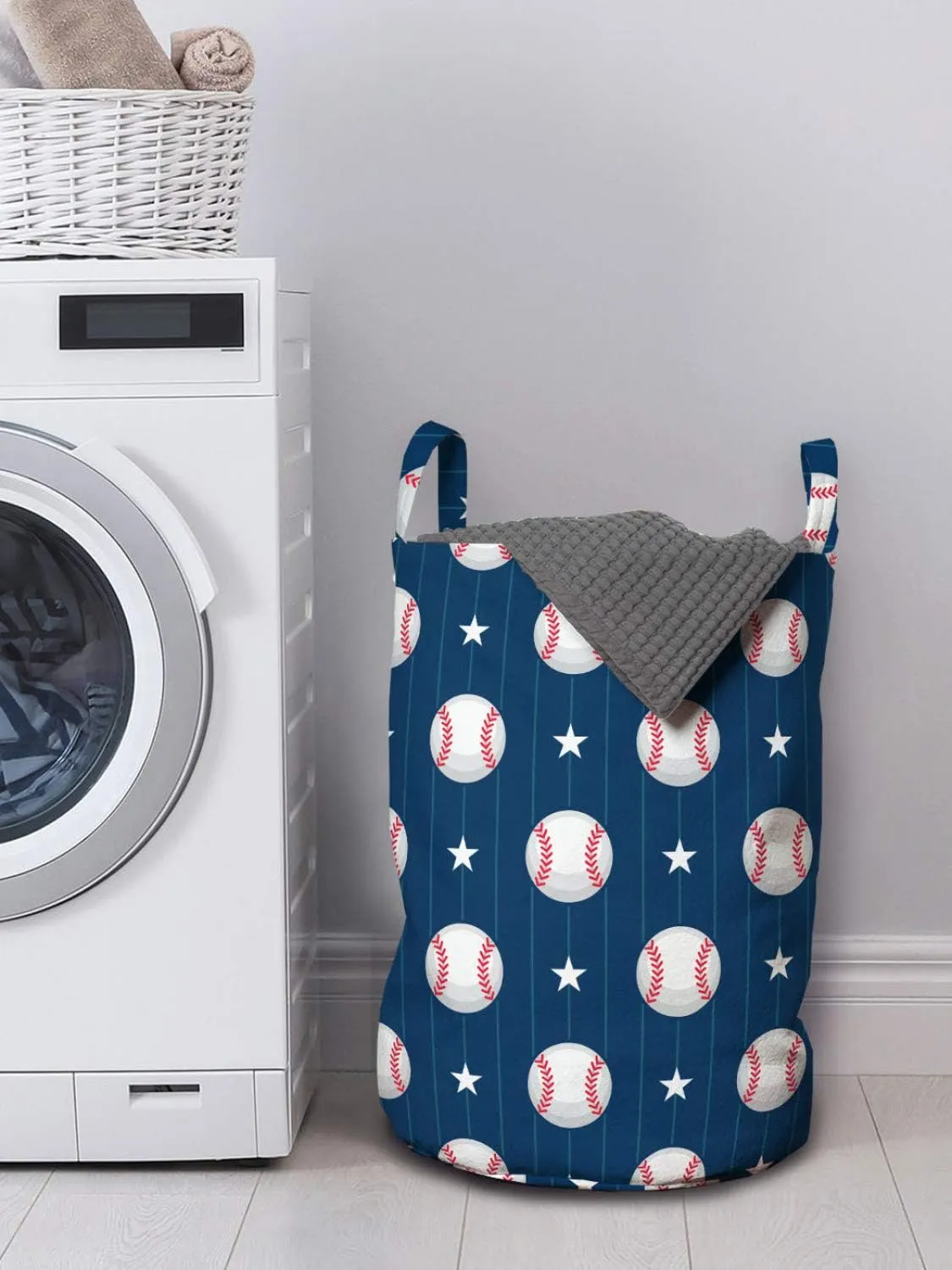Ambesonne Sports Laundry Bag, Baseball Patterns on Vertical Striped Background Stars Design, Hamper Basket with Handles Drawstring Closure for Laundromats, 13" x 19", Blue Red