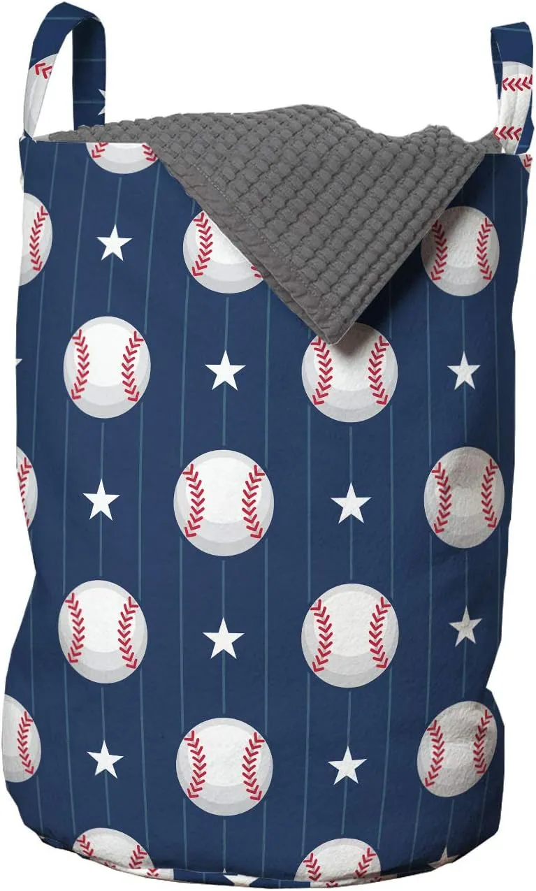 Ambesonne Sports Laundry Bag, Baseball Patterns on Vertical Striped Background Stars Design, Hamper Basket with Handles Drawstring Closure for Laundromats, 13" x 19", Blue Red