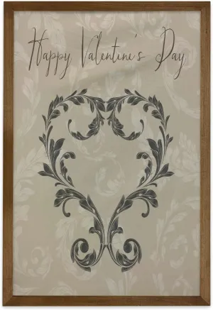 Ambesonne Taupe Framed Wall Art, Happy Valentine's Day Hand Writing Laurel Leaves Forming a Heart Victorian, Fabric Decor with Teak Tone Wood Frame Home & Dorm Decor, 23" x 35", Taupe Tan