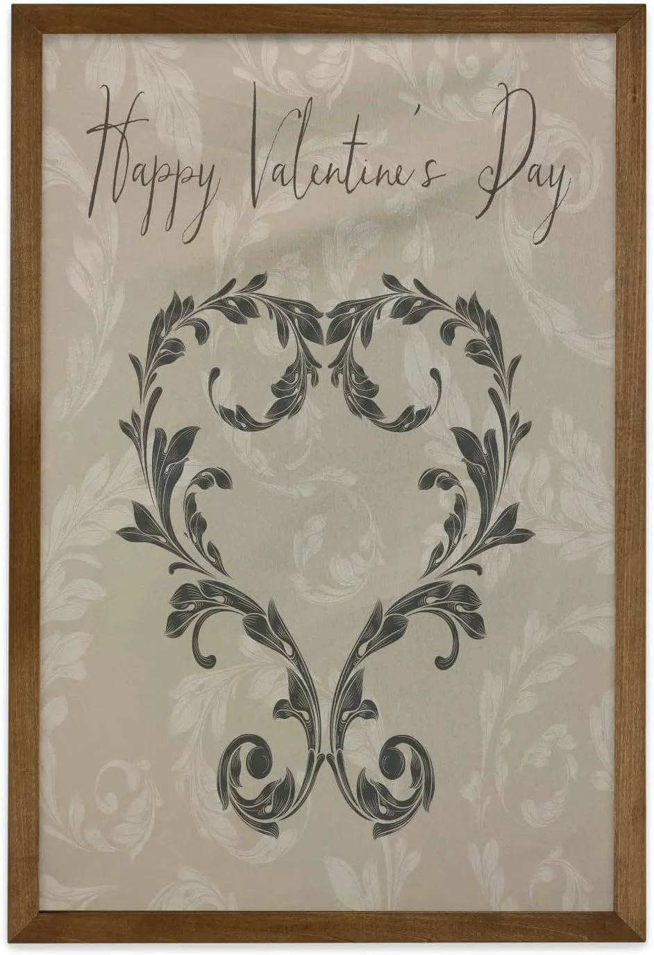 Ambesonne Taupe Framed Wall Art, Happy Valentine's Day Hand Writing Laurel Leaves Forming a Heart Victorian, Fabric Decor with Teak Tone Wood Frame Home & Dorm Decor, 23" x 35", Taupe Tan