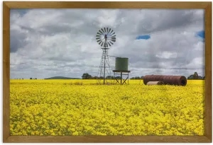 Ambesonne Windmill Framed Wall Art, Canola Meadow Stormy Day Victorian Goldfields Agricultural Farmland, Fabric Poster with Walnut Tone Wood Frame Home Dorm Decor, 35" x 23", Yellow Grey and White