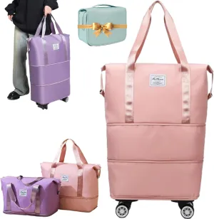 Ambitionous 2025 New Large Capacity Travel Bag - Universal Wheel Removable, Pepepo Travel Bag with Wheels, Foldable Dry Wet Separated Tote Bag with 360 Degrees Silent Universal Wheels (Pink)