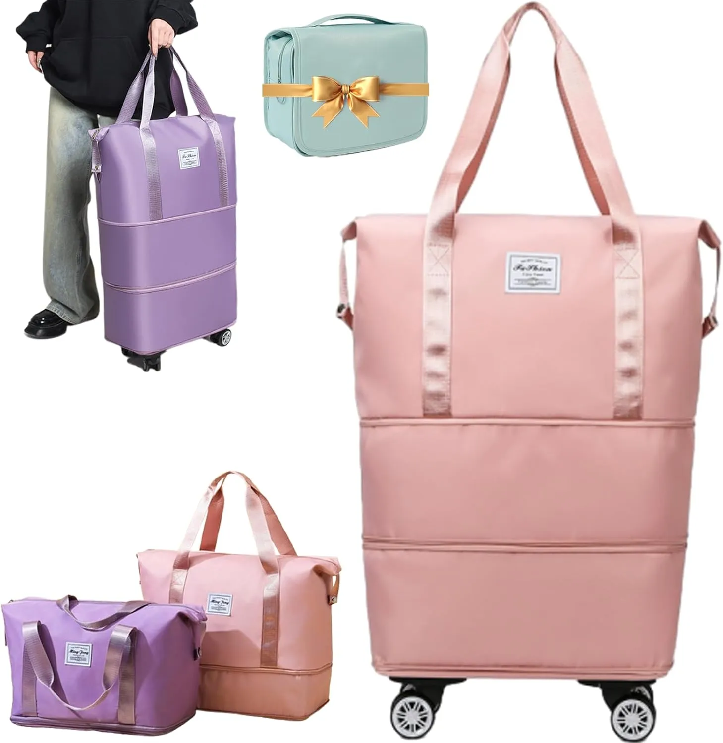 Ambitionous 2025 New Large Capacity Travel Bag - Universal Wheel Removable, Pepepo Travel Bag with Wheels, Foldable Dry Wet Separated Tote Bag with 360 Degrees Silent Universal Wheels (Pink)