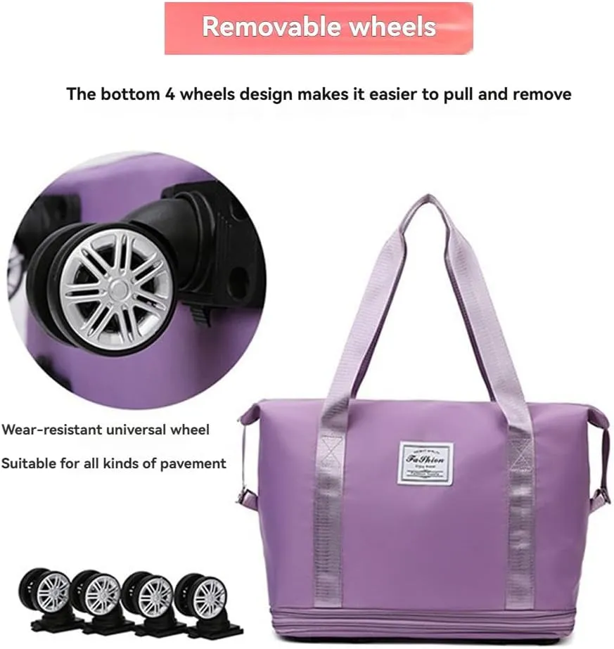 Ambitionous 2025 New Large Capacity Travel Bag - Universal Wheel Removable, Pepepo Travel Bag with Wheels, Foldable Dry Wet Separated Tote Bag with 360 Degrees Silent Universal Wheels (Pink)