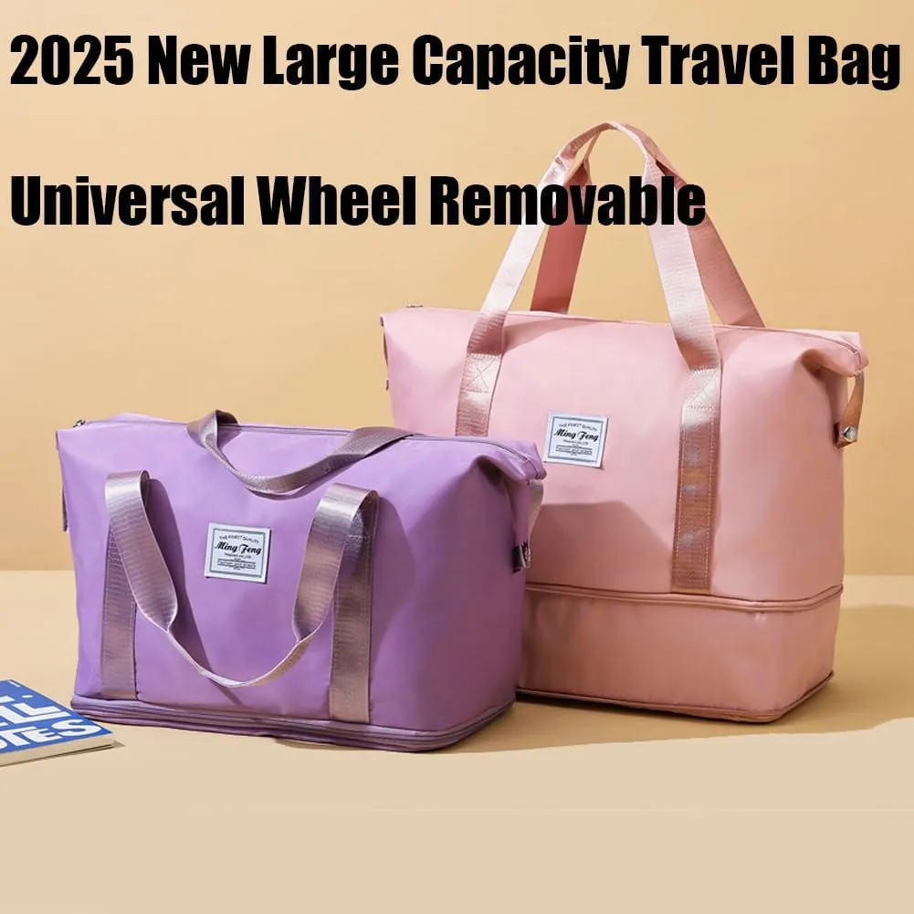 Ambitionous 2025 New Large Capacity Travel Bag - Universal Wheel Removable, Pepepo Travel Bag with Wheels, Foldable Dry Wet Separated Tote Bag with 360 Degrees Silent Universal Wheels (Pink)