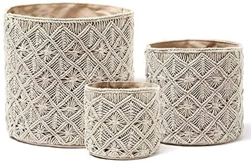 Americanflat Woven Macrame Storage Basket, Natural Cotton Rope (3 Pack of Gray)