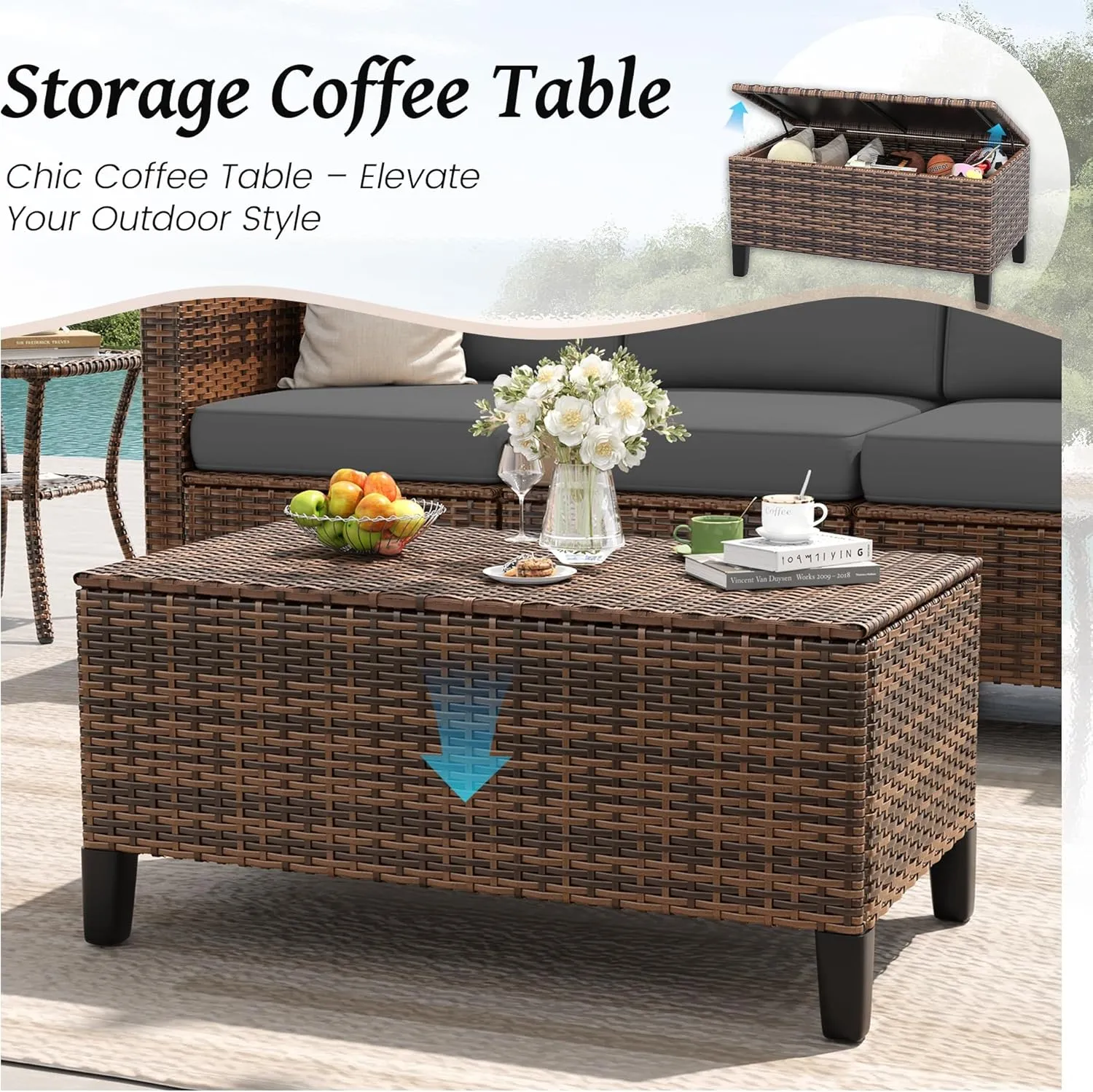 Amopatio Patio Furniture Set, Wicker Outdoor Sectional Sofa Sets, 7 Pieces Rattan Conversation Set with Storage Table, Swivel Chairs Include Waterproof, (Grey)