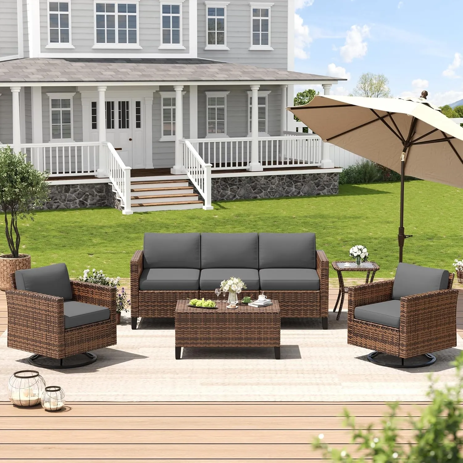 Amopatio Patio Furniture Set, Wicker Outdoor Sectional Sofa Sets, 7 Pieces Rattan Conversation Set with Storage Table, Swivel Chairs Include Waterproof, (Grey)