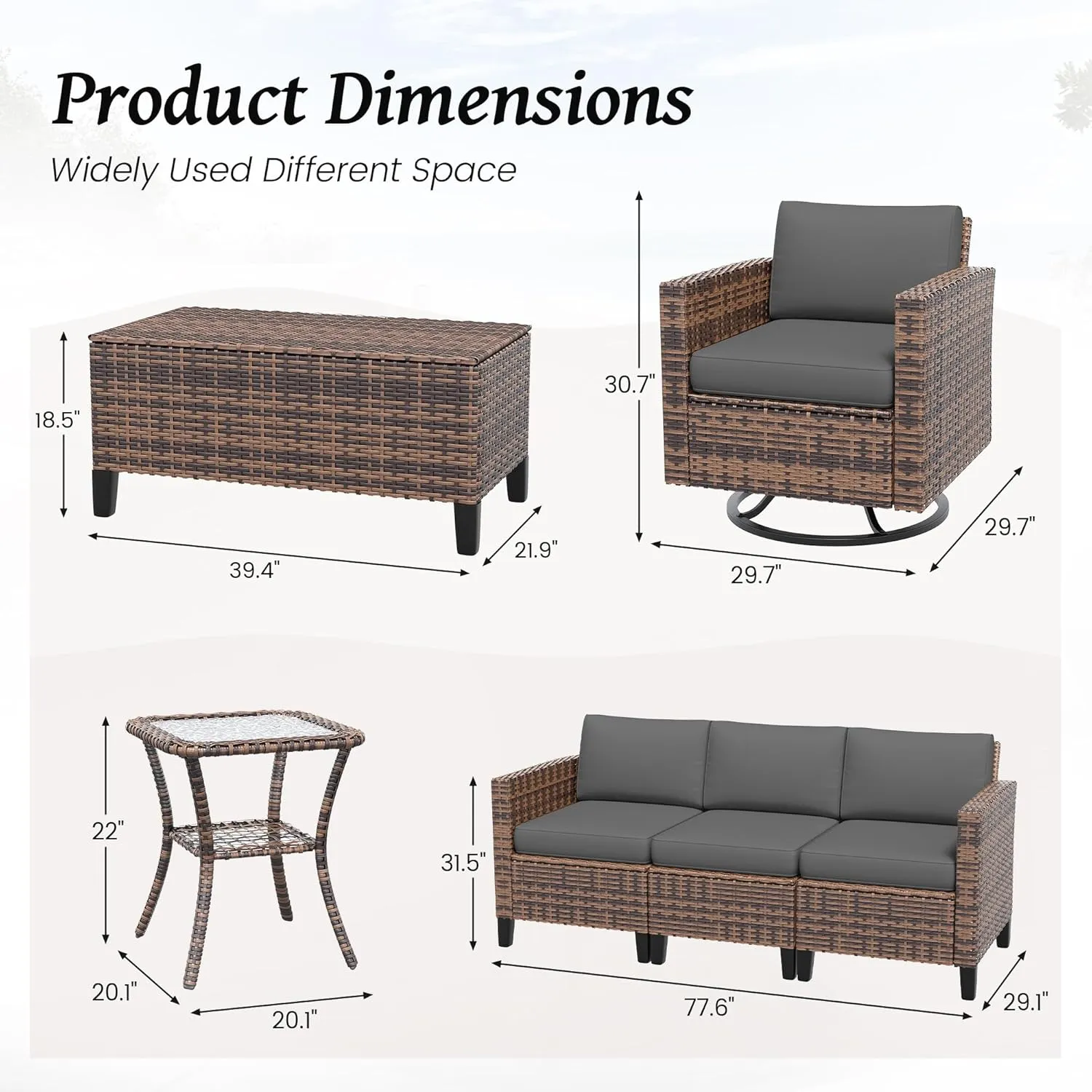 Amopatio Patio Furniture Set, Wicker Outdoor Sectional Sofa Sets, 7 Pieces Rattan Conversation Set with Storage Table, Swivel Chairs Include Waterproof, (Grey)