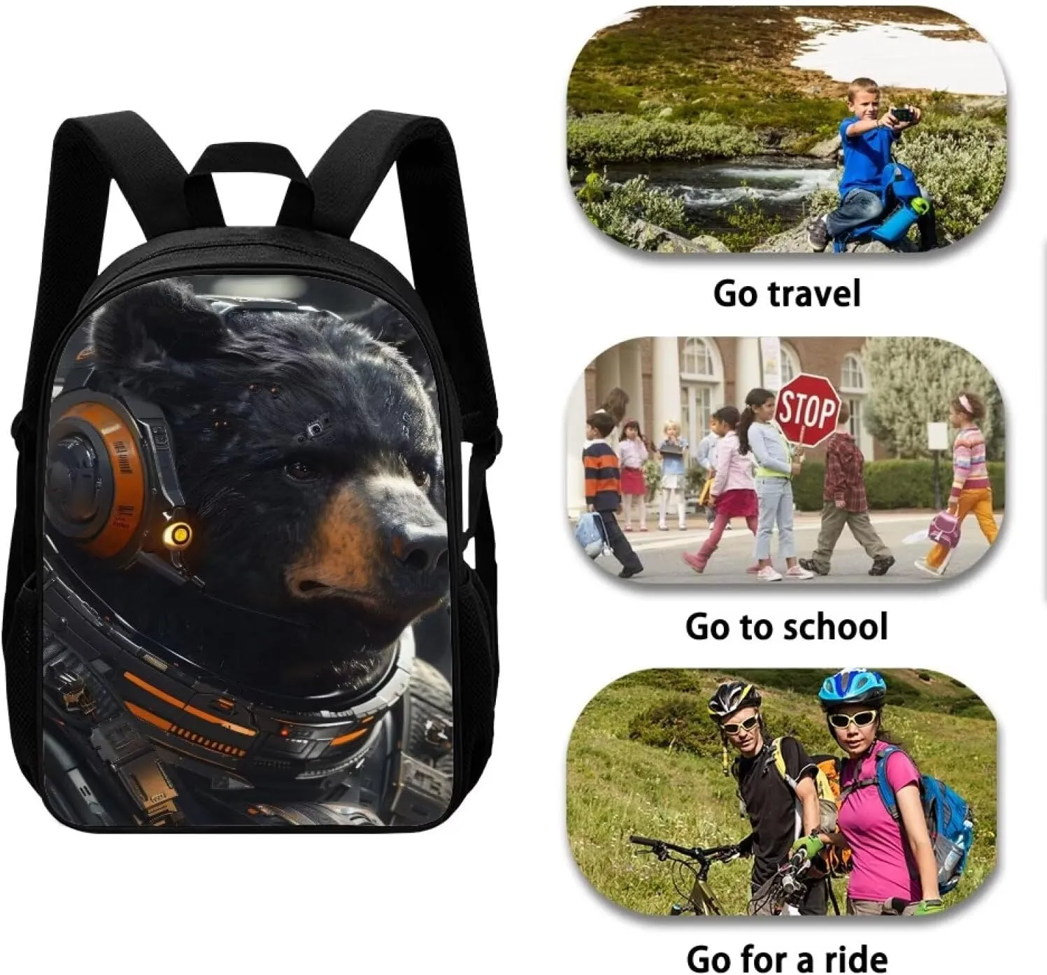 AmzPrint Astronaut Bear Backpack For School 17 Inch Animal Print School Bag Commuter School Backpack Back To School Gift