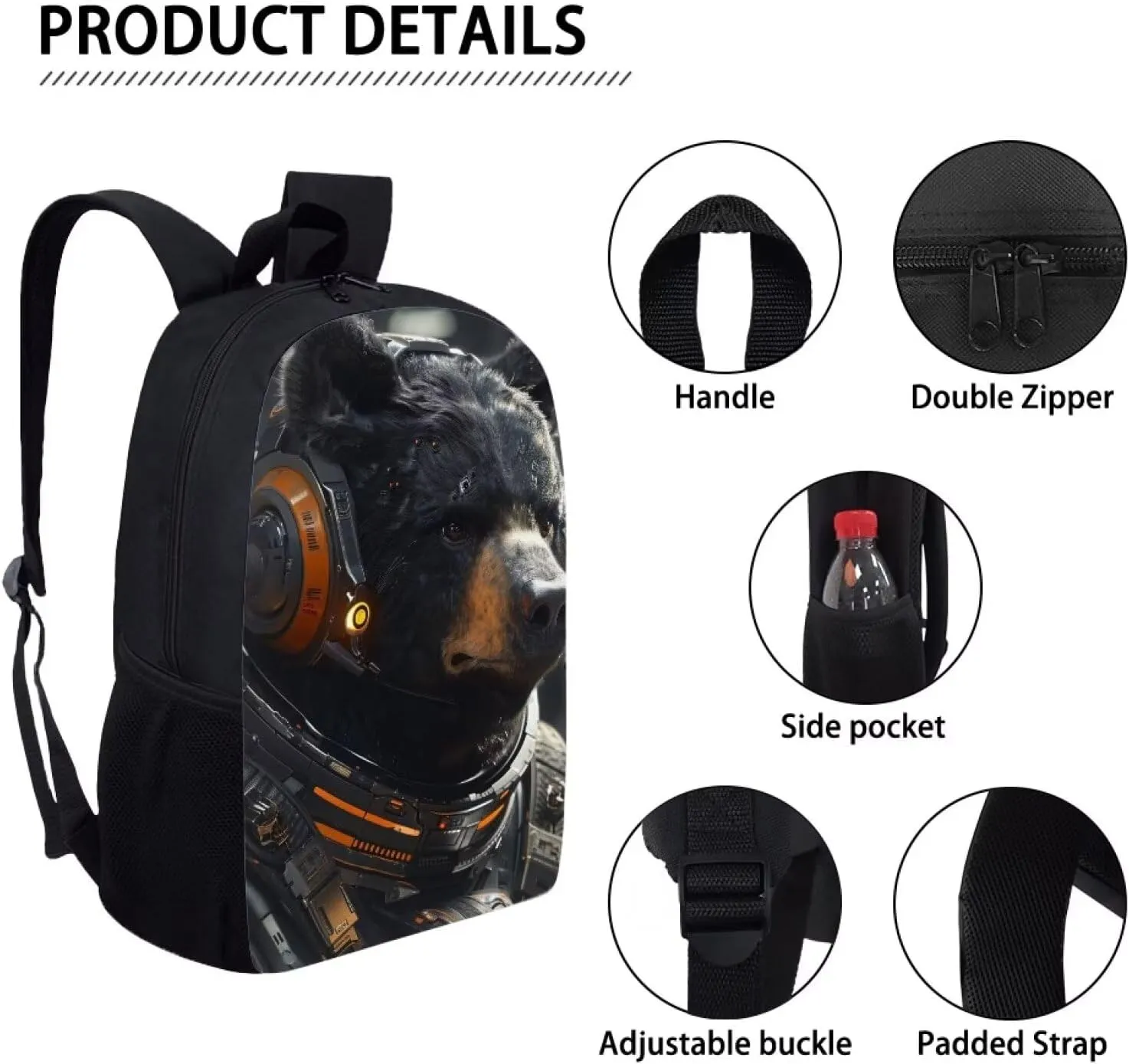 AmzPrint Astronaut Bear Backpack For School 17 Inch Animal Print School Bag Commuter School Backpack Back To School Gift