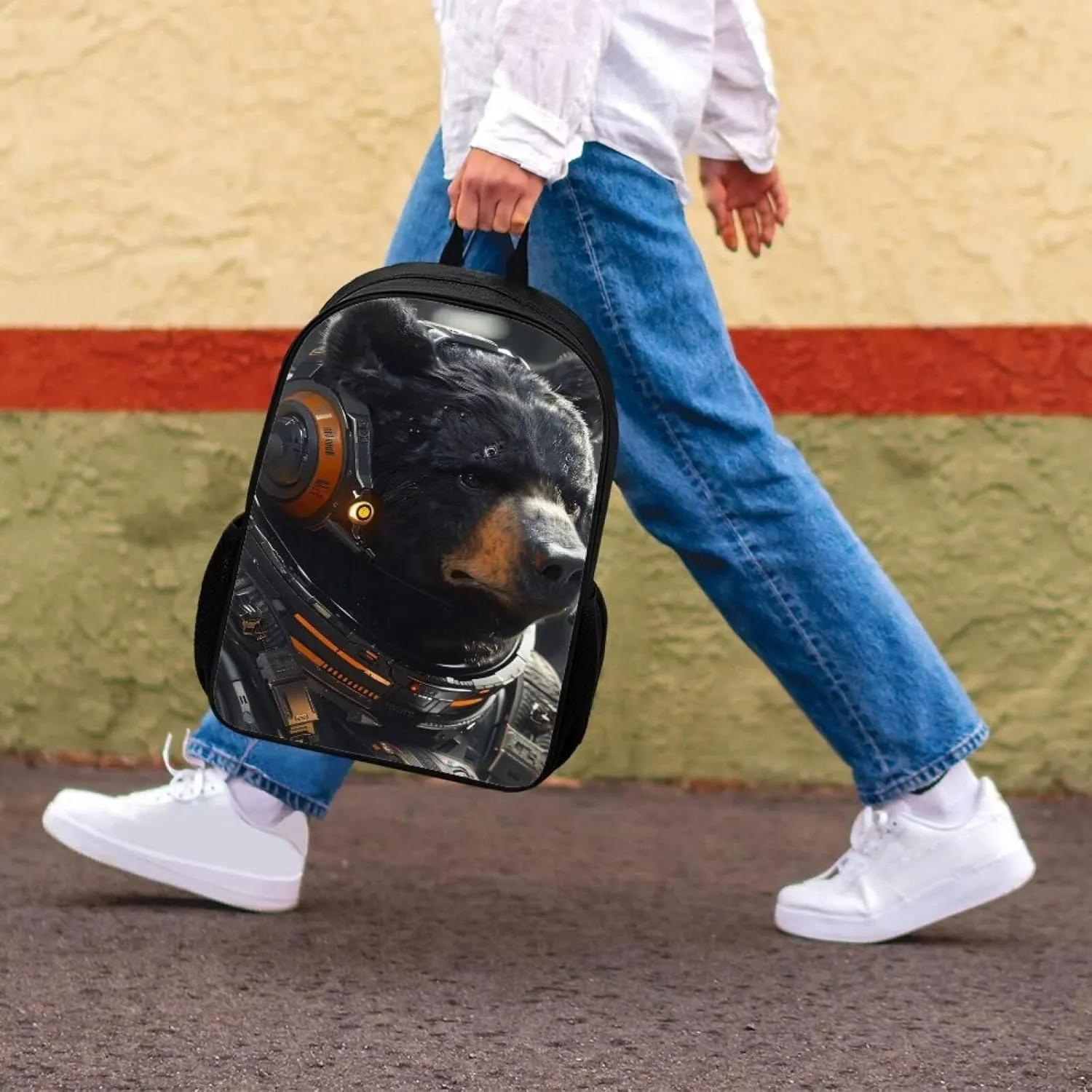 AmzPrint Astronaut Bear Backpack For School 17 Inch Animal Print School Bag Commuter School Backpack Back To School Gift