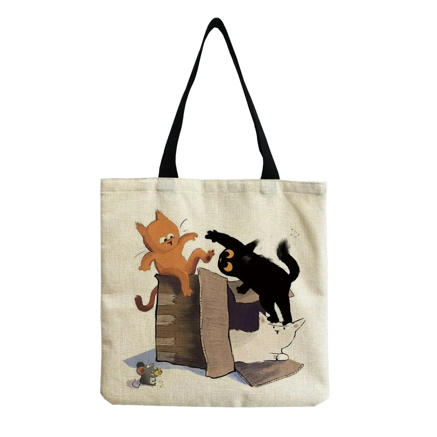 Animal Printed Cartoon Black Cat Tote Fashion Outdoor Women Shoulder Bag Eco Friendly High Capacity Portable Shopping Handbags