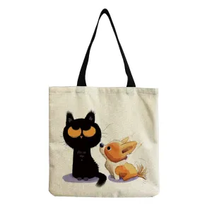 Animal Printed Cartoon Black Cat Tote Fashion Outdoor Women Shoulder Bag Eco Friendly High Capacity Portable Shopping Handbags