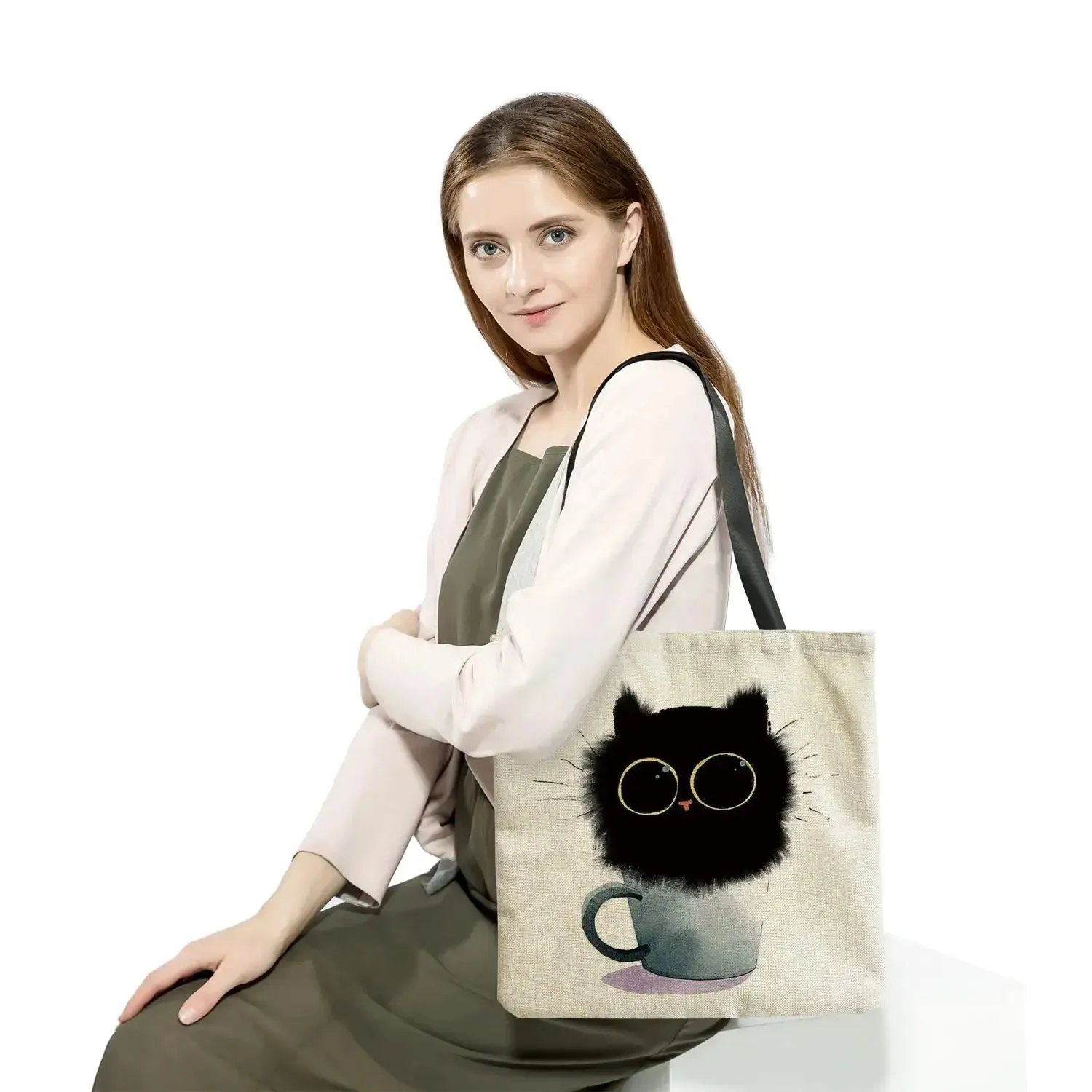 Animal Printed Cartoon Black Cat Tote Fashion Outdoor Women Shoulder Bag Eco Friendly High Capacity Portable Shopping Handbags