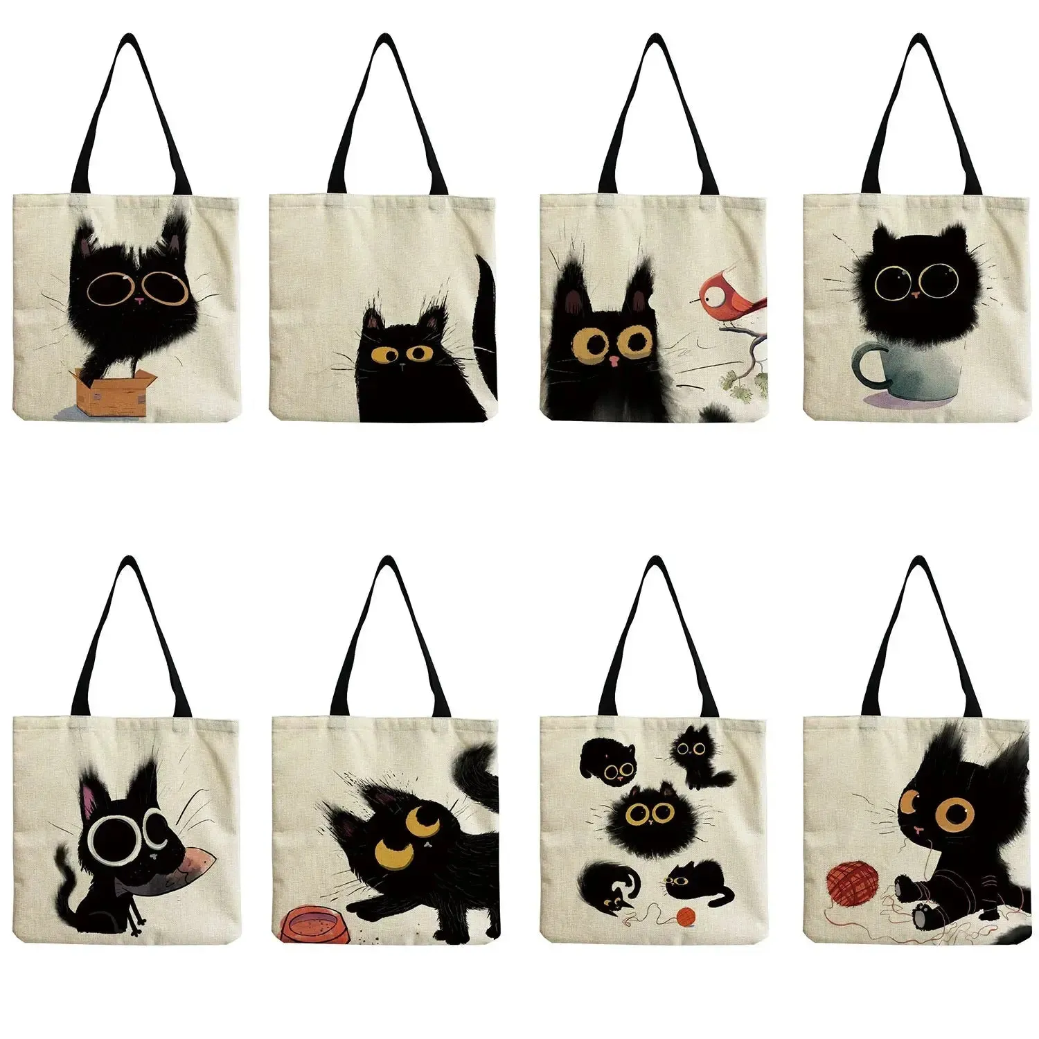 Animal Printed Cartoon Black Cat Tote Fashion Outdoor Women Shoulder Bag Eco Friendly High Capacity Portable Shopping Handbags