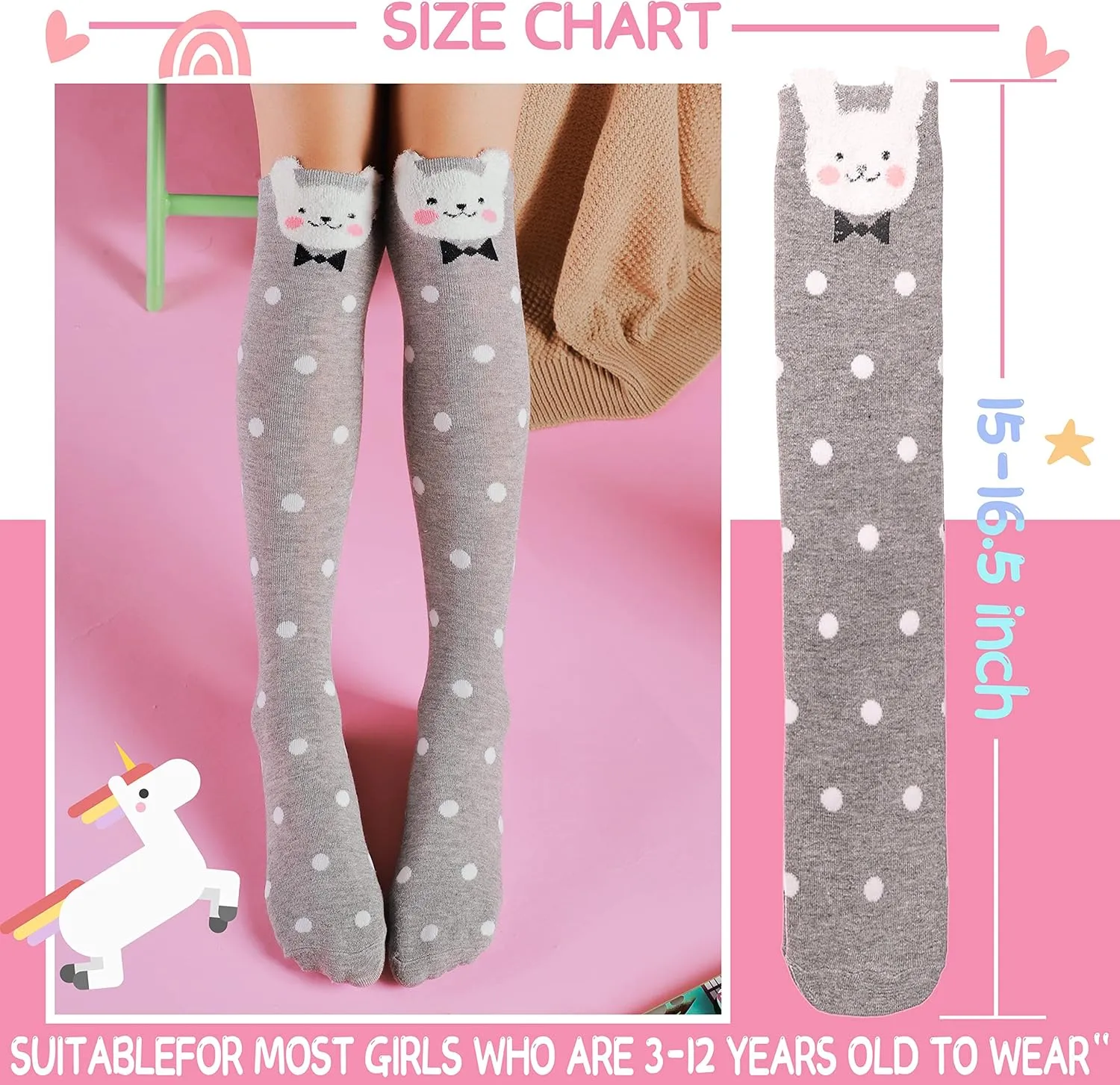 ANTSANG Kids Girls Knee High Socks Long Boot Crazy Silly Fun Gift Cute Tall Animal Socks for Child 6 Pairs