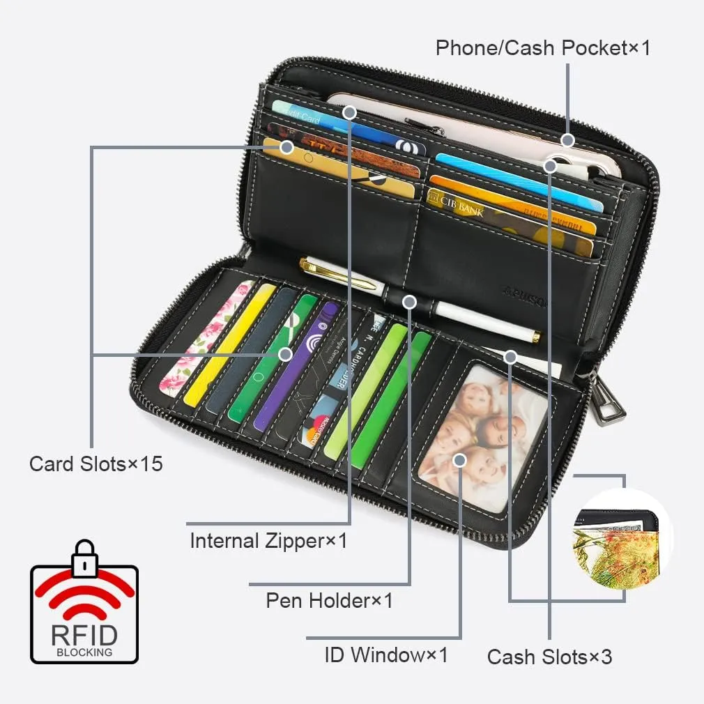 APHISON Wallet Women Large Capacity Clutch Purse For Ladies Card Holder RFID Wristlet Phone Zipper Coin Travel Pocket