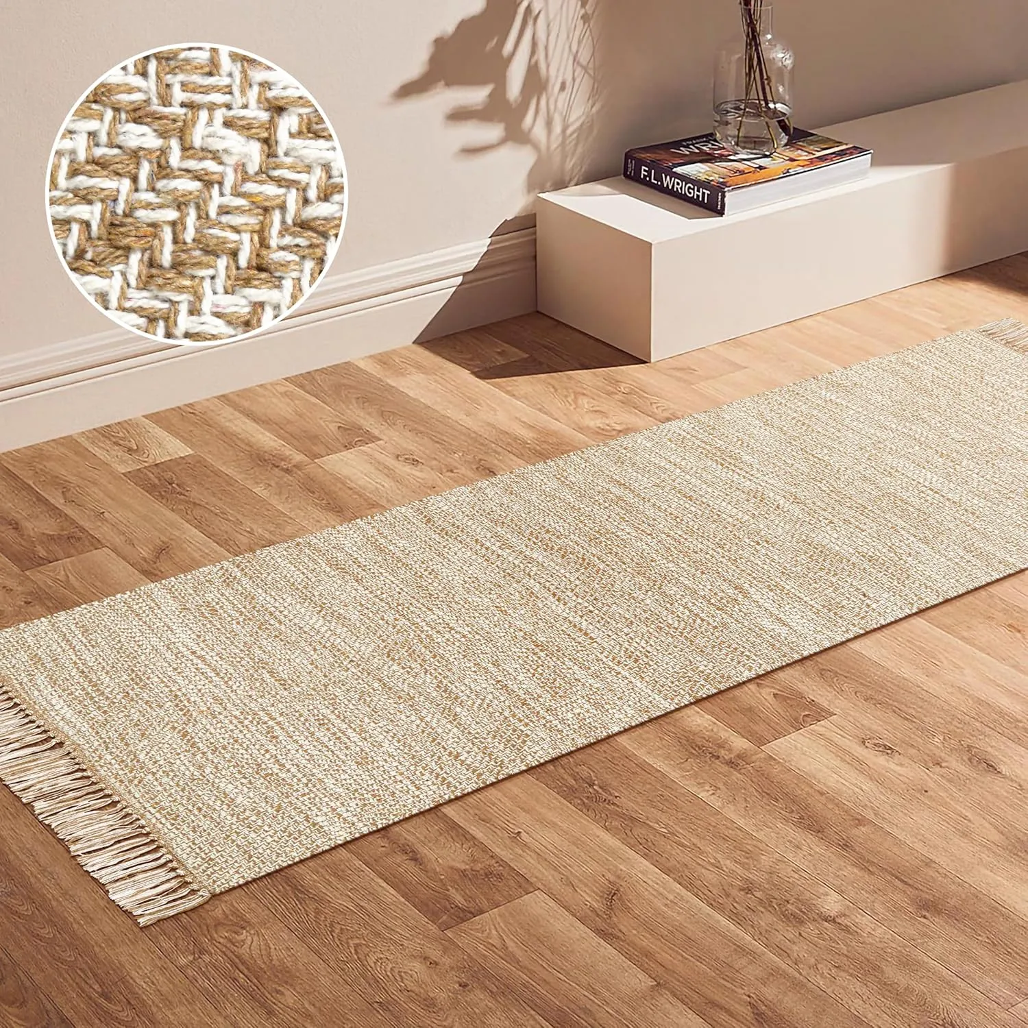 Area Rug Runner Washable - 2'x3' Rugs for Living Room Woven Boho Rug for Bedroom, Bathroom, Entryway, and Farmhouse Entry Decor - Beige/White