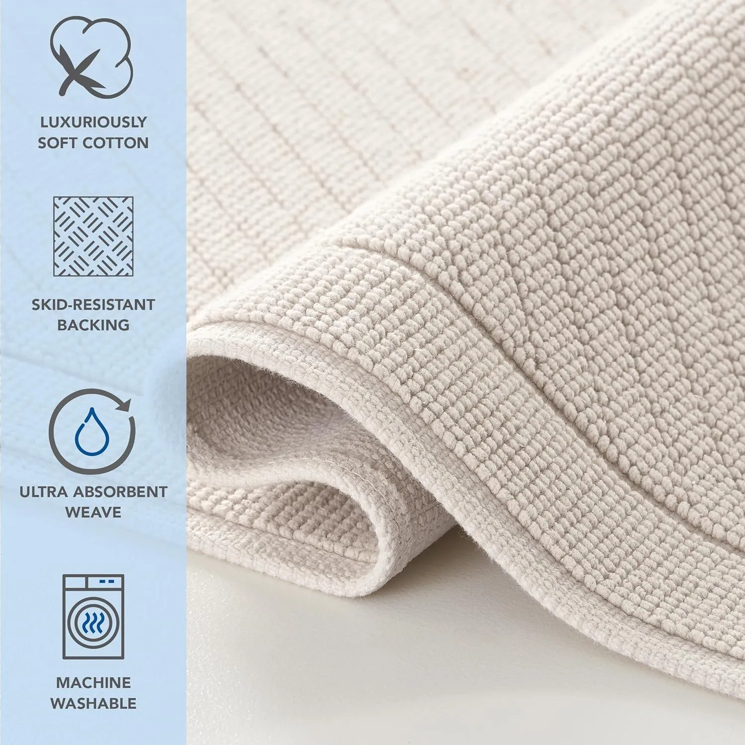 Arkwright 100% Cotton Bathroom Rug - High Absorbent Stylish Textured Woven Design Bath Mat, Slip Resistant Backing for Shower and Bathtub Floor, 17x24 in - Beige
