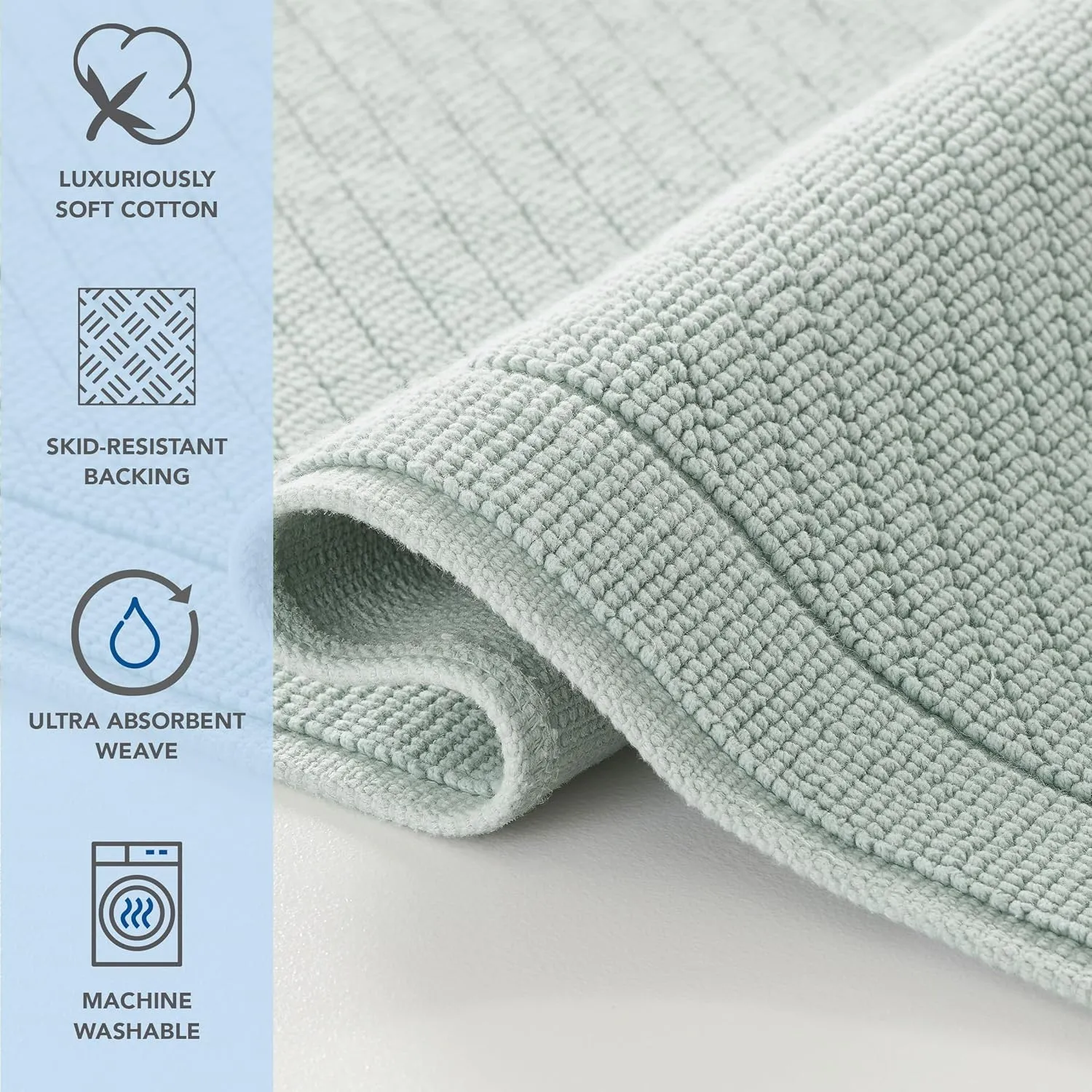 Arkwright 100% Cotton Bathroom Rug - High Absorbent Stylish Textured Woven Design Bath Mat, Slip Resistant Backing for Shower and Bathtub Floor, 20x60 in - Green