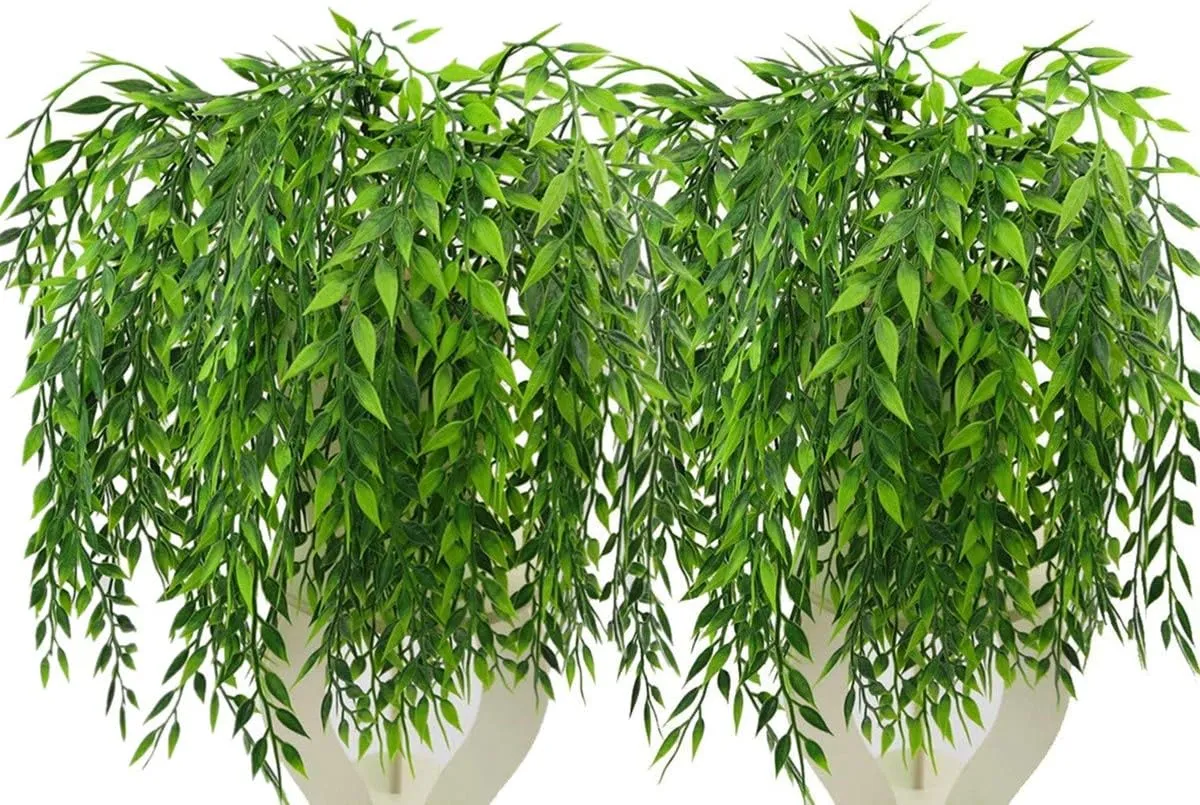Artificial Weeping Willow, Plastic Plants Greenery Leaves Fake Hanging Vine Faux Ivy Garland UV Resistant for Home Indoor Outdoor Garden Door Wall Baskets Wedding Party Table Decor Decoration - 8 Pcs