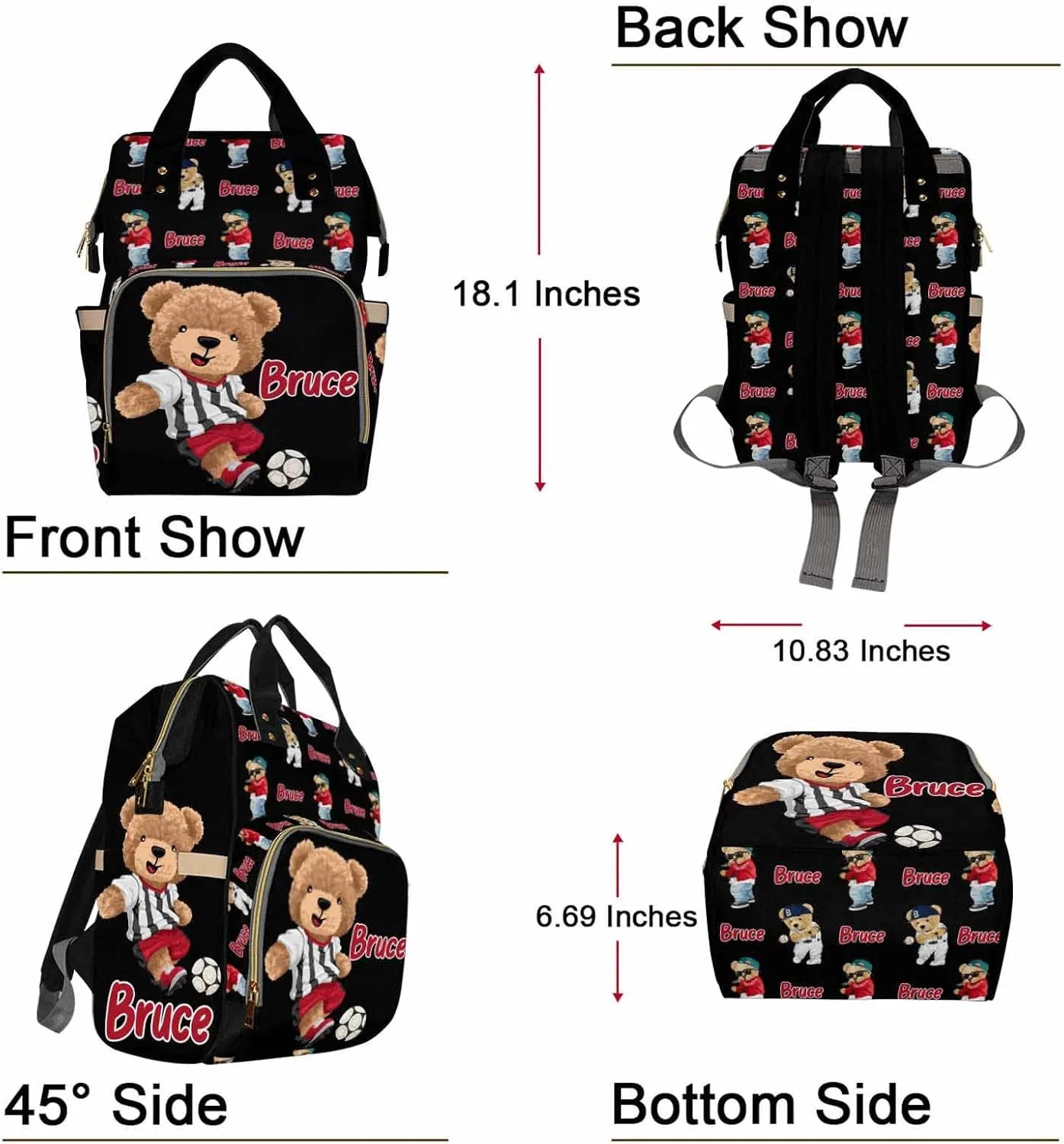 Artsadd Custom Bear Diaper Bag Backpack for Baby Boys, Personalized Name Large Nappy Nursing Orangizer Mommy Bags, Waterproof Travel Daypack for Baby Shower Gifts