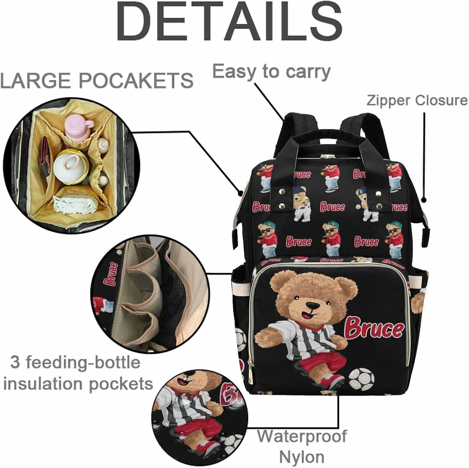 Artsadd Custom Bear Diaper Bag Backpack for Baby Boys, Personalized Name Large Nappy Nursing Orangizer Mommy Bags, Waterproof Travel Daypack for Baby Shower Gifts