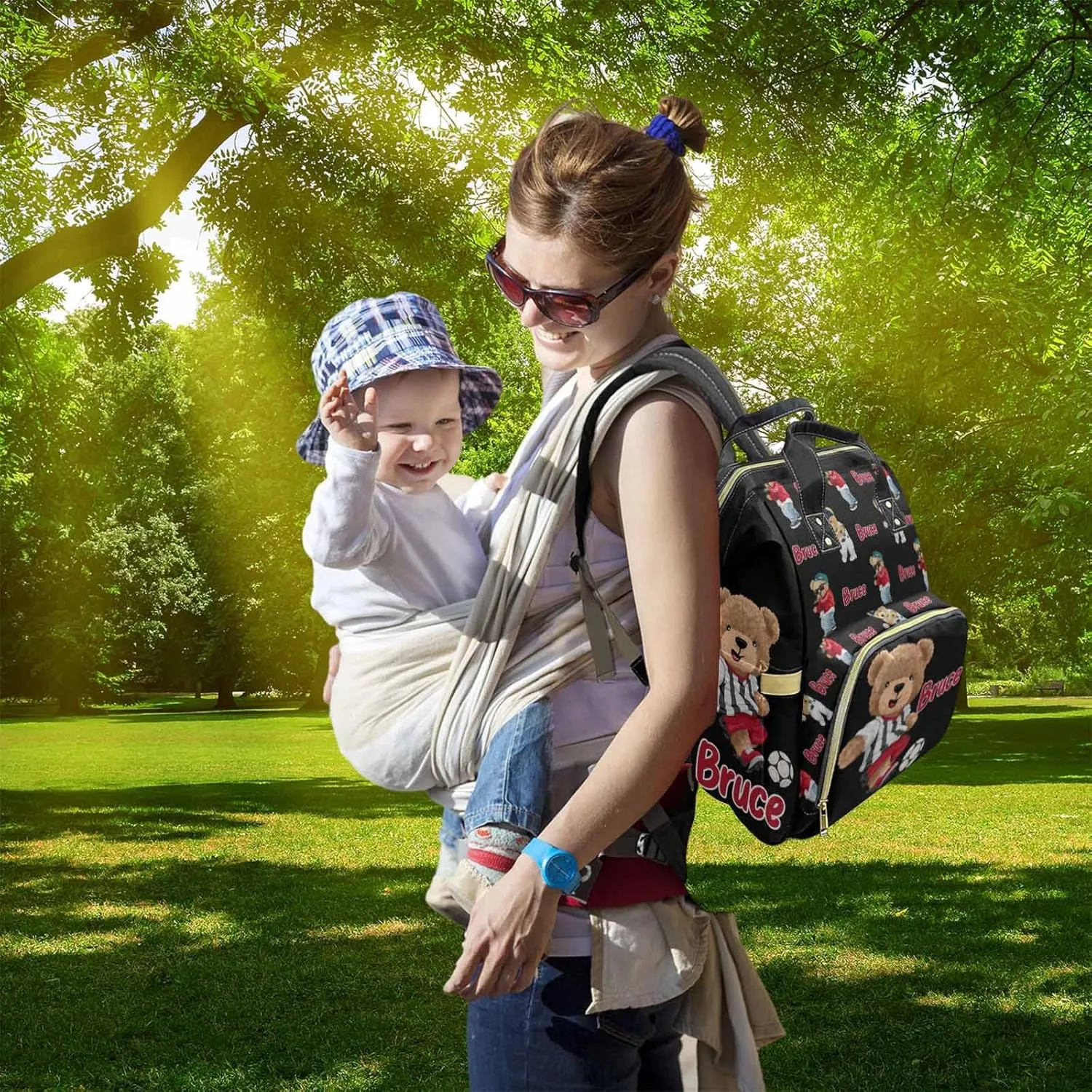 Artsadd Custom Bear Diaper Bag Backpack for Baby Boys, Personalized Name Large Nappy Nursing Orangizer Mommy Bags, Waterproof Travel Daypack for Baby Shower Gifts